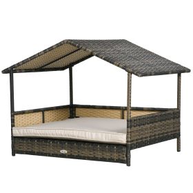 Wicker Dog House with Removable Cushion Lounge, Khaki